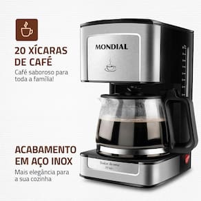Cafeteira Elétrica Mondial Dolce Arome Vidro C-43-20X-SI 20 Xícaras 550W – Preto/Inox - 220V - 1