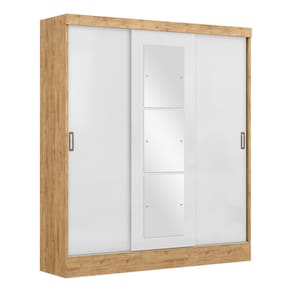 Guarda-roupa Maxel Móveis Plata com 3 Portas, 3 Gavetas, 3 Cabideiros, 6 Prateleiras e Espelho - Capuccino e Branco - 1