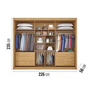 Guarda-Roupa Europa Grécia com espelho, 3 portas de correr, 6 gavetas e 12 prateleiras – 226 cm de largura - Peroba e Off White - 3