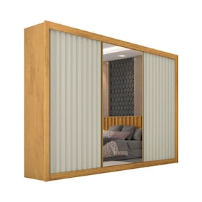Guarda-Roupa Europa Grécia com espelho, 3 portas de correr, 6 gavetas e 12 prateleiras – 226 cm de largura - Peroba e Off White - 1