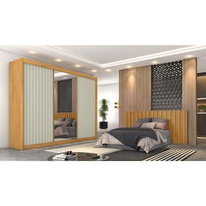 Guarda-Roupa Europa Grécia com espelho, 3 portas de correr, 6 gavetas e 12 prateleiras – 226 cm de largura - Peroba/Off White - 3