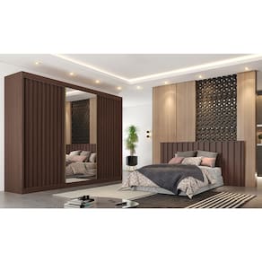 Guarda-Roupa Europa Grécia com espelho, 3 portas de correr, 6 gavetas e 12 prateleiras – 226 cm de largura