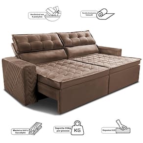 Sofá 3 Lugares Cama inBox Belém Retrátil e Reclinável Revestido em Suede Velusoft - 200cm de Largura