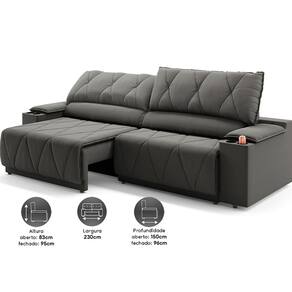 Sofá 3 Lugares DDS Glamour Retrátil/Reclinável com 230 cm de Largura e Revestido em Veludo Suede - Cinza - 1