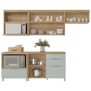 Cozinha Compacta Nesher Marquesa com 4 Portas, 4 Gavetas e 4 Prateleiras – 280cm de Largura - Nature e Verde - 1
