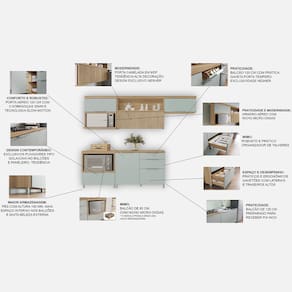 Cozinha Compacta Nesher Marquesa com 4 Portas, 4 Gavetas e 4 Prateleiras – 280cm de Largura - Nature e Verde - 2