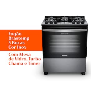 Fogão Brastemp 5 Bocas BFS5XAR com Mesa de Vidro, Turbo Chama e Timer Bivolt - Inox