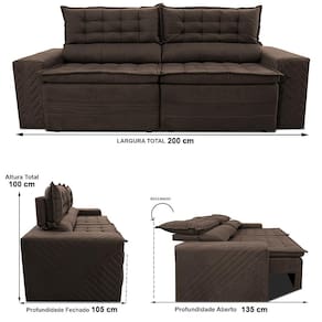 Sofá 3 Lugares Cama inBox Cielo com Assento Retrátil, Encosto Reclinável em Suede Velusoft e 200cm de Largura