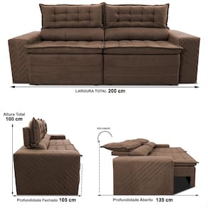 Sofá 3 Lugares Cama inBox Cielo com Assento Retrátil, Encosto Reclinável em Suede Velusoft e 200cm de Largura