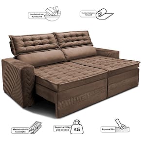 Sofá 3 Lugares Cama inBox Cielo com Assento Retrátil, Encosto Reclinável em Suede Velusoft e 200cm de Largura