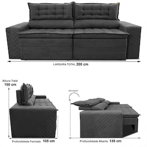 Sofá 3 Lugares Cama inBox Cielo com Assento Retrátil, Encosto Reclinável em Suede Velusoft e 200cm de Largura