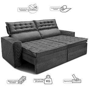 Sofá 3 Lugares Cama inBox Cielo com Assento Retrátil, Encosto Reclinável em Suede Velusoft e 200cm de Largura