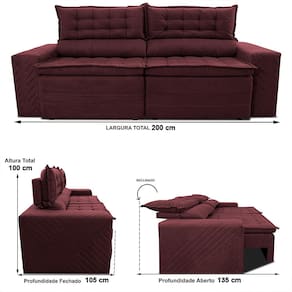 Sofá 3 Lugares Cama inBox Cielo com Assento Retrátil, Encosto Reclinável em Suede Velusoft e 200cm de Largura