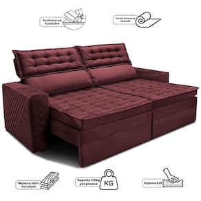 Sofá 3 Lugares Cama inBox Cielo com Assento Retrátil, Encosto Reclinável em Suede Velusoft e 200cm de Largura