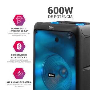 Caixa de Som Philco PCX5200 com Bluetooth, Radio FM, 4.400 mAh, Display Digital e Iluminação LED - 600W