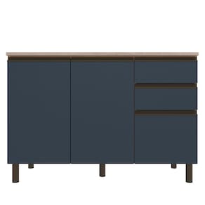 Balcão Bartira Cristal em MDP com 2 Portas e 3 Gavetas, 120,1cm de largura - Lâmina de Mel/Azul Royal