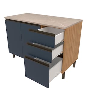Balcão Bartira Cristal em MDP com 2 Portas e 3 Gavetas, 120,1cm de largura - Lâmina de Mel/Azul Royal