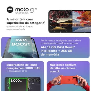 Smartphone Motorola Moto g35 5G Cinza 256GB 4GB RAM + 8GB Ram Boost e Camera 50MP com AI NFC Tela 6.7" com Superbrilho