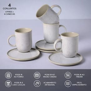 Conjunto de Canecas e Pires Porto Brasil Coup Stoneware Latte Off White 330ml - 4 Peças - 1