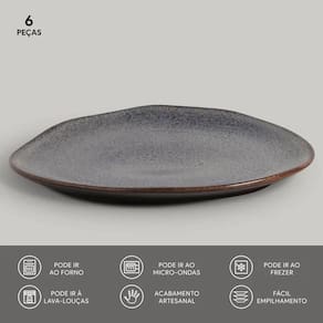 Conjunto de Pratos Rasos Ovais Porto Brasil Orgânico Titanium Azul Escuro 31cm - 6 Peças - 2