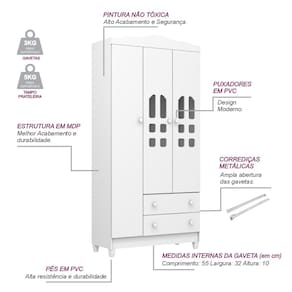 Guarda-Roupa Infantil Carolina Baby Eloa com 3 Portas, 2 Gavetas e 4 Prateleiras – 94cm de largura - Branco - 3