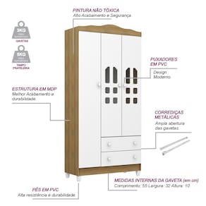 Guarda-Roupa Infantil Carolina Baby Eloa com 3 Portas, 2 Gavetas e 4 Prateleiras – 94cm de largura