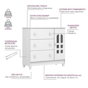Cômoda Infantil Carolina Baby Eloa com 3 Gavetas, 1 Porta e 1 Prateleira – 95cm de largura