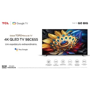 Smart TV 98" TCL QLED 4K Ultra HD 98C655 com Sistema Operacional Android TV, Processador AIPQ, Dolby Vision Atmos, Design Sem Bordas, USB e HDMI
