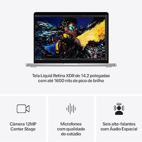 MacBook Pro Apple 14", Chip M4 Pro com CPU de 12 núcleos, GPU de 16 núcleos, Memória unificada de 24GB, SSD de 512GB MX2E3BZ/A - Prateado
