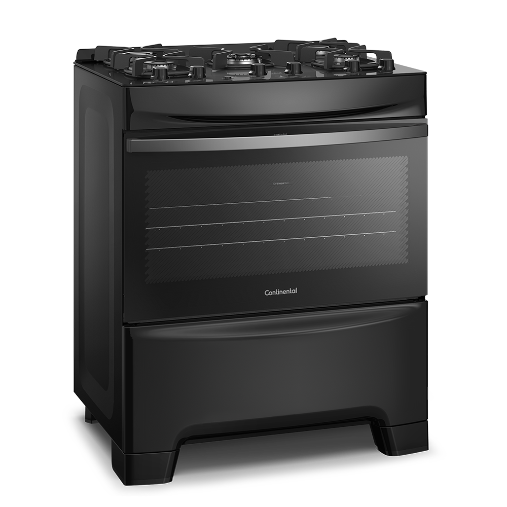 Fogão Continental 5 Bocas FC5GB Preto Mesa de Vidro Forno Eco Turbo Tripla Chama Bivolt - 1