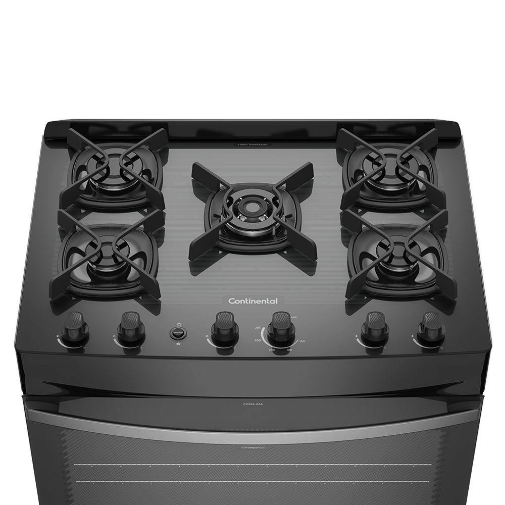 Fogão Continental 5 Bocas FC5GB Preto Mesa de Vidro Forno Eco Turbo Tripla Chama Bivolt - 3