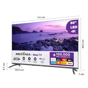 Smart TV 50" Britânia Ultra HD LED BTV50VA4REGB com Sistema Operacional Roku TV, Dolby Audio, Processador Quad-Core, Entradas USB e HDMI