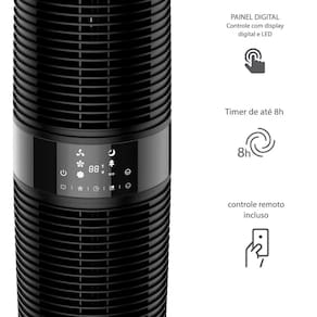 Ventilador de Torre 100cm Spirit 360º com Display LED Touch Screen, Controle Remoto, Funções Especiais e Controle Inteligente de Velocidade - Preto