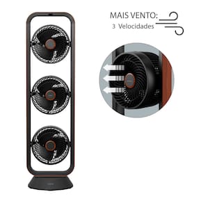 Ventilador de Torre Spirit Robot Triplo 130W com 3 Velocidades, Controle Remoto e Painel Digital com Display LED - Preto/Tabaco