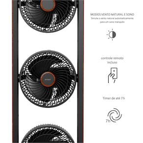Ventilador de Torre Spirit Robot Triplo 130W com 3 Velocidades, Controle Remoto e Painel Digital com Display LED - Preto/Tabaco