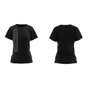 Camiseta Manga Curta Grupo Casas Bahia Preta logo Branca e Cinza - Modelo Baby Look