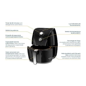 Fritadeira Elétrica Sem Óleo Air Fryer Britânia BAF45A com Revestimento Antiaderente Gold 5L - Preta