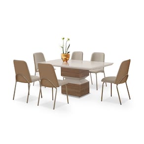 Mesa de Jantar Retangular Aço Nobre Aurora com 6 Cadeiras Estofadas – Champagne/Areia