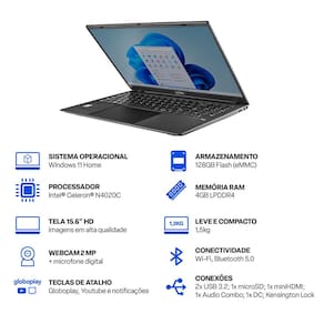 Notebook Multi UB263 Ultra, Tela 15,6” HD, Processador Intel Celeron N4020C, 4GB RAM, 128GB eMMC Windows 11 Home – Cinza + Fone de Ouvido