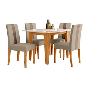 Mesa de Jantar Retangular Poliman Belle com 4 Cadeiras Estofadas e Revestidas em Suede – Freijó/Off White