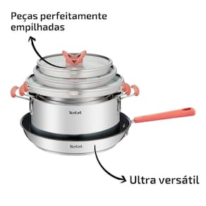 Conjunto de Panelas 4 Peças T-FAL Opti’Space com Revestimento Antiaderente, Tampas de Vidro com Borda em Inox e Cabos com Proteção de Silicone – Inox