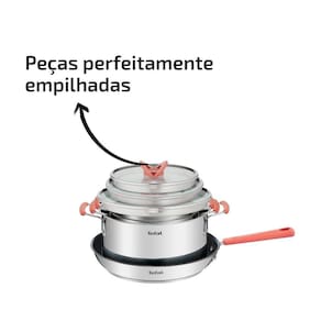 Conjunto de Panelas 4 Peças T-FAL Opti’Space com Revestimento Antiaderente, Tampas de Vidro com Borda em Inox e Cabos com Proteção de Silicone – Inox