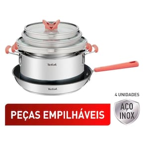 Conjunto de Panelas 4 Peças T-FAL Opti’Space com Revestimento Antiaderente, Tampas de Vidro com Borda em Inox e Cabos com Proteção de Silicone – Inox