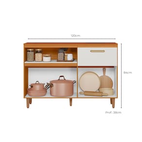 Balcão de Cozinha Poliman Sicília 120cm 3 Portas 1 Gaveta com Tampo Pés Reguláveis MDP Pintura UV Freijó Off White Acetinado - 3