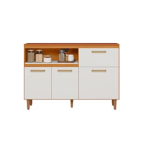 Balcão de Cozinha Poliman Sicília 120cm 3 Portas 1 Gaveta com Tampo Pés Reguláveis MDP Pintura UV Freijó Off White Acetinado - 1