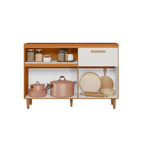 Balcão de Cozinha Poliman Sicília 120cm 3 Portas 1 Gaveta com Tampo Pés Reguláveis MDP Pintura UV Freijó Off White Acetinado - 2