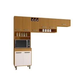 Cozinha Compacta Poliman Malta 8 Portas Paneleiro Duplo Ripado Gráfico Puxadores Bronze Pintura UV MDP Freijó Off White Acetinado - 1