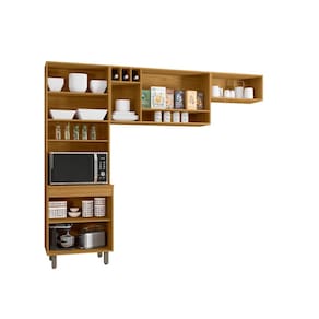 Cozinha Compacta Poliman Malta 8 Portas Paneleiro Duplo Ripado Gráfico Puxadores Bronze Pintura UV MDP Freijó Off White Acetinado - 2