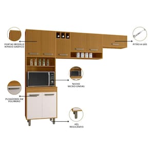 Cozinha Compacta Poliman Malta 8 Portas Paneleiro Duplo Ripado Gráfico Puxadores Bronze Pintura UV MDP Freijó Off White Acetinado - 3
