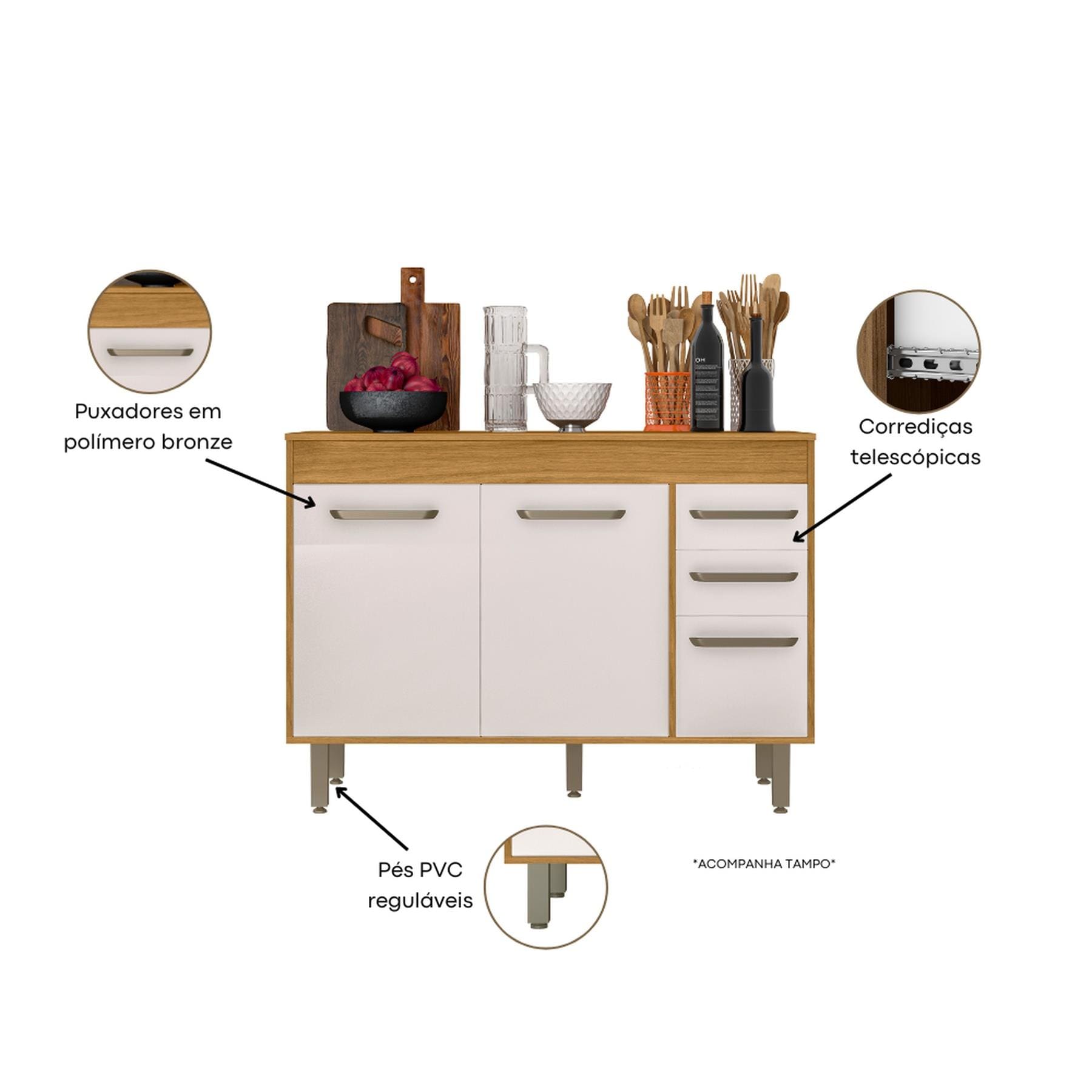 Balcão de Cozinha Poliman Malta 120cm 3 Portas 2 Gavetas com Tampo Freijó Off White - 2